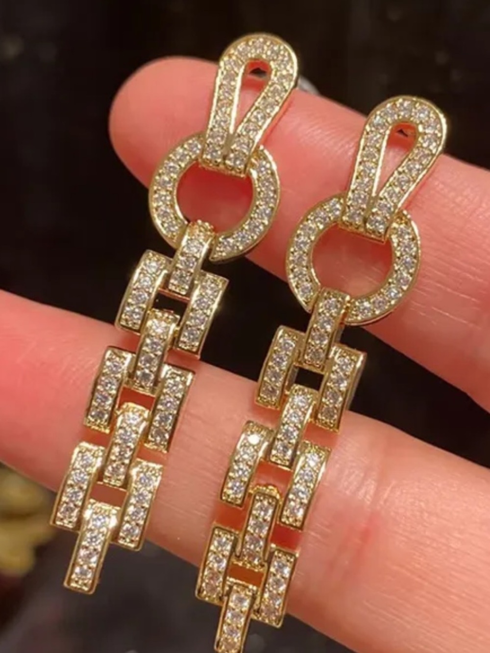 Anthropologie Gold Pave Linked Drop Earrings